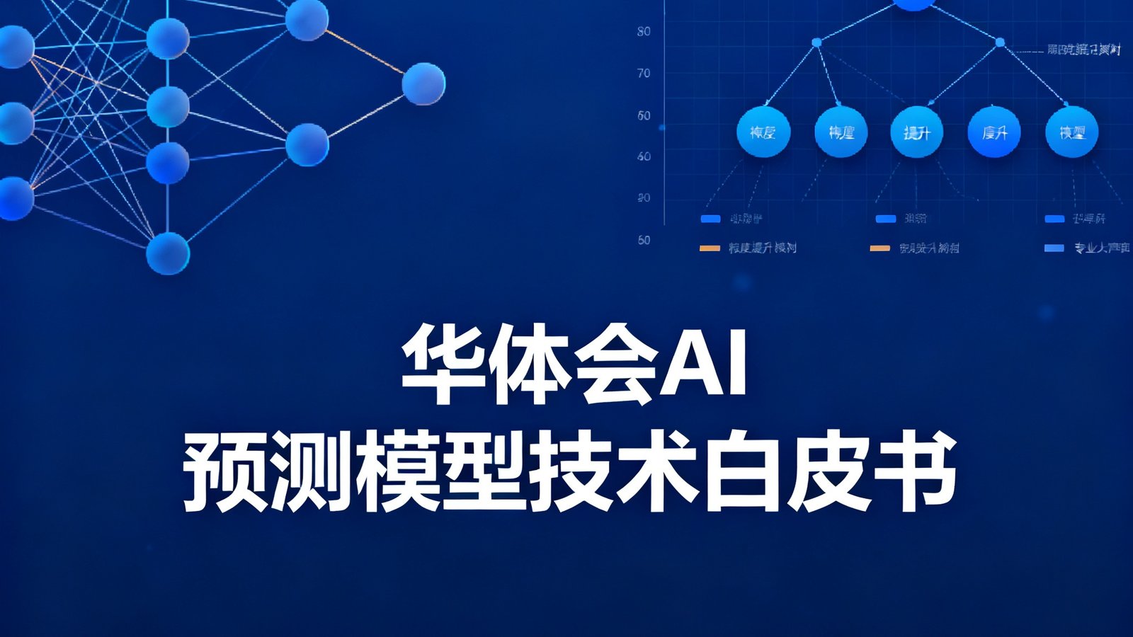 华体会AI预测模型技术白皮书封面，深蓝色背景上印有神经网络结构图和梯度提升决策树示意图，标题为白色大字